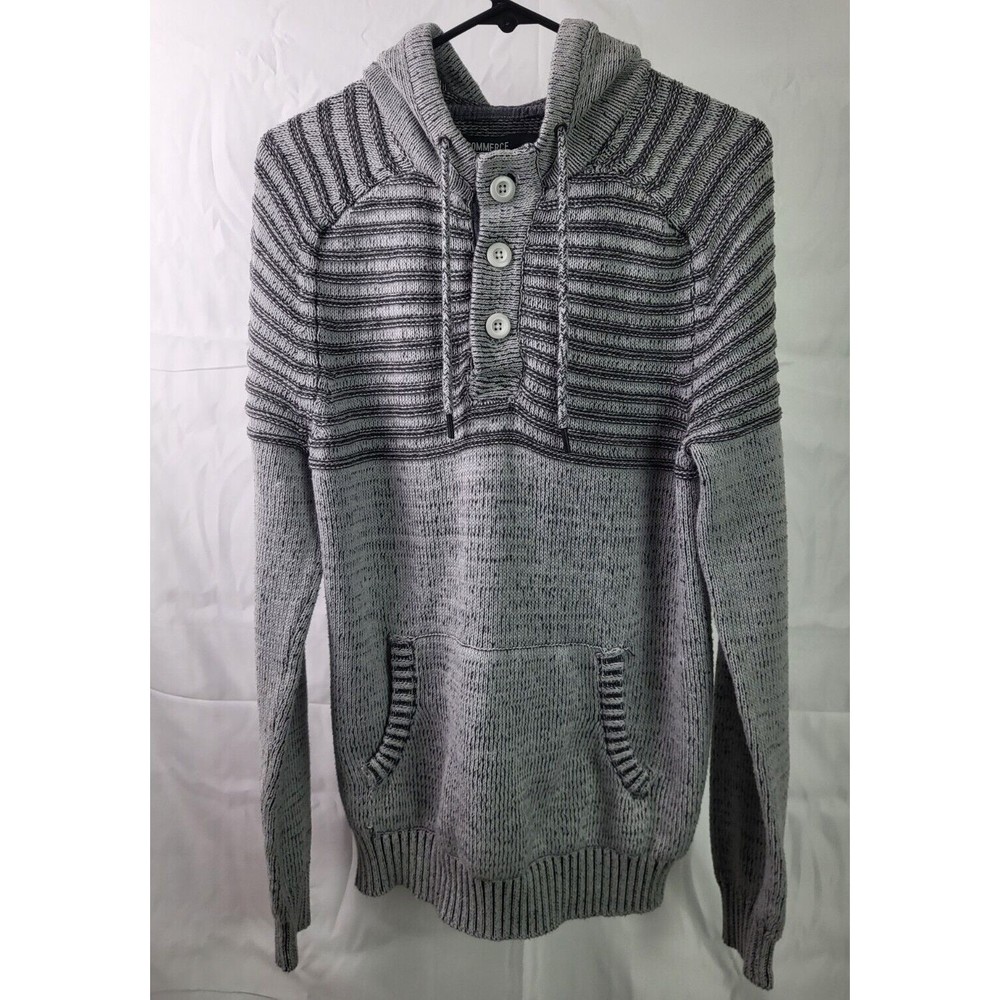Commerce Men’s Sweater Hoodie Front Pocket Heather Gray Striped Size Med Casual